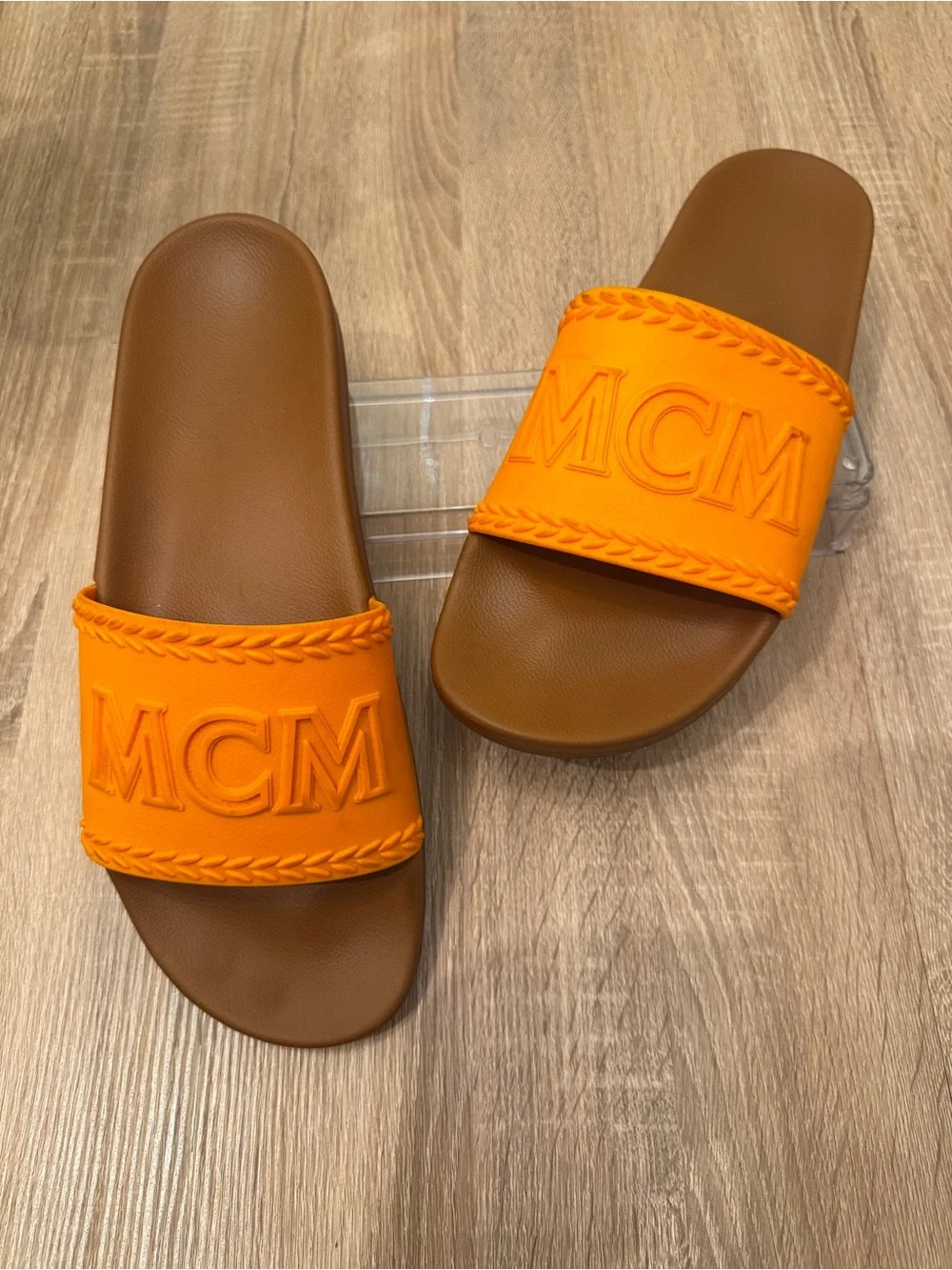 MCM Men’s Orange & Cognac Logo Slide Sandals – Size 46 / US 12.5